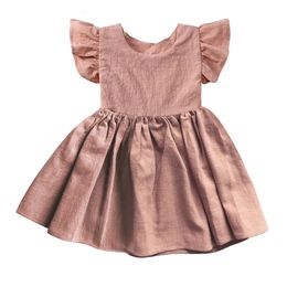 0-6 år barn flickor ruffles klänning avslappnad ärmlös klänning sommar barn flickor bak båge kläder kläder 240306
