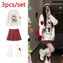 Dresses 3pcs/set Girl Socks Skirt Sweater Suit Kawaii Japanese Jk Knitted Leg Warmer Red Heart Lolita Women Punk Haruku Pleated Skirt