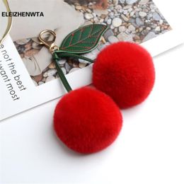 Keychains Luxury Real Fur Ball Pompom Cherry Fluffy Keychain Jewelry Accessories Women Bag Purse Charm Chaveiro Gift For Her188Z