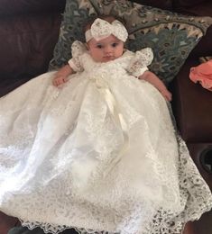 Vintage Baby Infant Christening Dress Girls Boys Baptism Gown White Ivory Lace Beads Crystals with Headband New Arrival221Z4527890