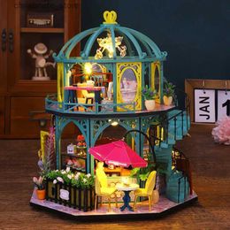 Architecture/DIY House DIY Wooden Doll Houses Romantic Coffee Store Casa Miniature Building Kits with Furniture Led Lights Dollhouse for Adults Gifts