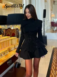 Dress Chic Sequin High Waist A Line Black Mini Dress For Women Fashion O Neck Long Sleeve Skirt 2024 Female Evening Prom Vestidos