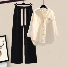 Suits 2023 Casual Two Piece Sets Women Spring Solid White Poloneck Wrist Sleeves Drawstring Black Wide Leg Pants Korean Plus Size