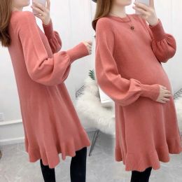 Dresses Warm Knitted Maternity Sweater Dress Elasticity Autumn Long Sleeve Maternity Clothes For Pregnant Women Fashion Pregnancy Dress