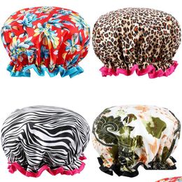 Shower Caps Fashion Shower Cap Waterproof Bath Hat Double Layer Women Supplies Printing Hair Er Bathroom Accessories Shampoo -Proof Ca Dhazt