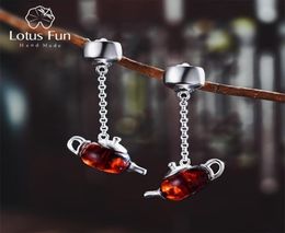 Lotus Fun Real 925 Sterling Silver Natural Amber Original Handmade Fine Jewellery Cute Teapot Dangle Earrings for Women Bijoux 210621867558