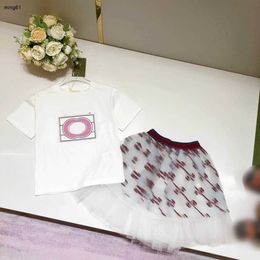 Brand kids dress Short sleeve Two piece suits child tracksuits Size 100-160 CM T-shirt and Embroidered lace short skirt 24Mar