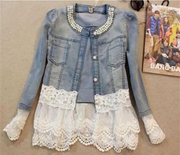 Elegant floral lace denim jacket coat women Casual short basic jacket Beading Patchwork Slim jean jackets Plus size 4XL X0726252R25174870