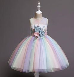 Children party dresses girls stereo flowers embroidered princess dress kids back Bows colorful tulle dress girls pageant dress A179075044