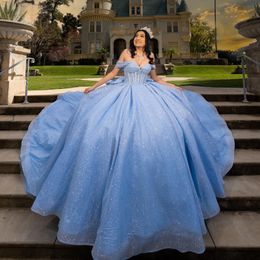 Sky Blue Off The Shoulder Pleat Ball Gown Quinceanera Dresses Illusion Glitter Crystal Beading Tull Vestidos De 15 Anos