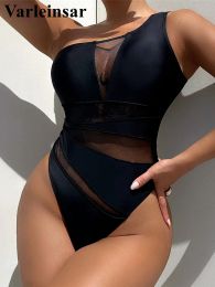 Swimwear One Shoulder Splicing Mesh Sheer Women Swimwear One Piece Swimsuit Female Monokini High Leg Cut Bather Bathing Suit Swim V4716