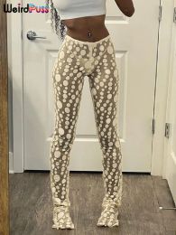 Capris Weird Puss Sheer Sexy Women Leggings Pants 2023 Summer See Through Dot Print Skinny Wild Streetwear Elastic Trousers Bottoms