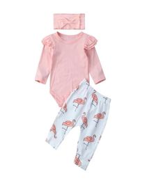 Newborn Infant Clothing Autumn Baby Girl Clothes Set Pink Ruffle Long Sleeve Tops Cartoon Flamingo Pants Headband Outfits LJ2012232119858