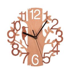 Wooden bird wall clock double stereo fashion circular wood grain wall clock living room bedroom borderless home decoration XD229559426918