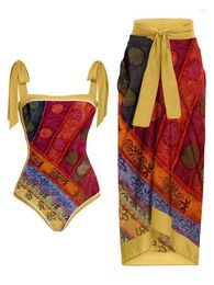 Women's Swimwear Swimsuit Woman 2024 Printed One-Piece Vintage Colorblock Swimsuits Bikini Set Bathing Suit Beachwear