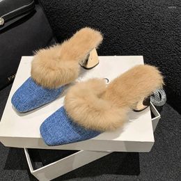 Slippers Mules Pointed Toe Elegant High Heels Shoes Women's Autumn Furry Slides Flip Flops Office Work Ytmtloy Indoor