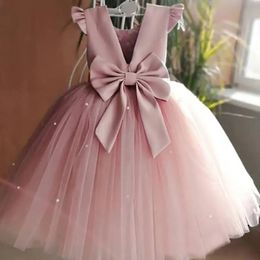 Toddler Girl Flower Birthday Tulle Dress Backless Bow Wedding Gown Kids Party Wear Princess Pink Dress Baby Girl Bowknot Dresses 240306