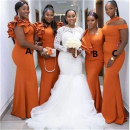 Burnt Orange Mermaid Cheap Dresses Long Black Girl Bridesmaid Dress Ruffles Elastic Satin Wedding Party Gowns