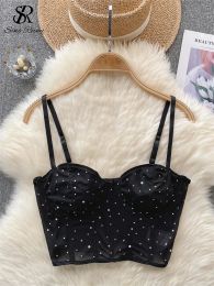 Camis SINGREINY Strap Sexy Diamonds Camisole Women Corset Slim Underwear Fashion Sleeveless High Quality Streetwear Beading Tank Tops