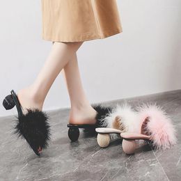 Slippers Ostrich Feather Round High Heels Outwear Women Open Toe Sexy Slides Anti-skid Trendy Square Sandals Mujer 2024