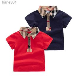 T-shirts Baby Boys Turn-Down Collar T-shirts Summer Kids Short Sleeve Plaid T-shirt Style Children Cotton Tops Tees Boy Shirts 240306