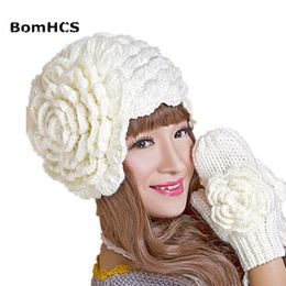 BomHCS Winter Warm Beanie & Gloves Suit Handmade Knit Crochet Hat Caps Glove with a Big Flower for hat or gloves LJ2011202598