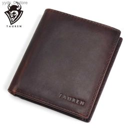 Money Clips TAUREN Men Wallets Vintage Crazy Horse Genuine Leather Zipper Wallet Card Holder Coin Pocket Mens wallet Male Carteira L240306