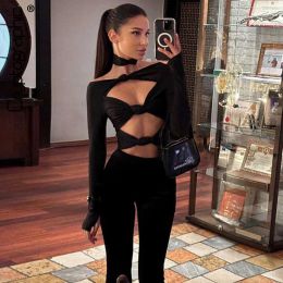 Suits Cryptographic Fashion Off Shoulder Cut Out Two Piece Set Long Sleeve Top and Pant Sets Sexy Suits Elegant Outfits Matching Sets