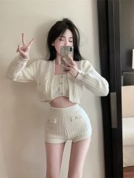 Sets Sweet Hot Girl Suit Women's Autumn Knitted Sweater Cardigan Sexy Strapless Top Casual Shorts Three Piece Set Female Clothes