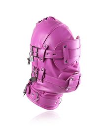 Pink Color Bondage Hood BDSM Leather Muzzle Mask Gimp with Detachable Eye Pad Penis Mouth Gag Head Harness Sexy Costume Accessory6280803