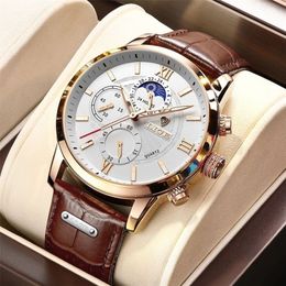 LIGE Watches Mens Top Brand Luxury Clock Casual Leathe 24 Hour Moon Phase Men Watch Sport Waterproof Quartz Chronograph Box 220329254T