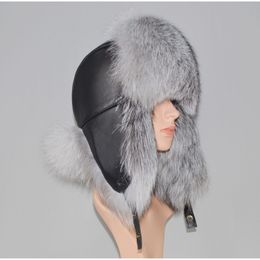 Hat Winter Genuine Real Fox Fur Unisex 100% Natural Real Leather Cap Casual Warm Soft Russia Fox Fur Bomber Ear Protection Caps2254