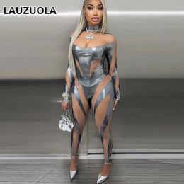 Suits Sexy See Through Mesh Sheer Patchwork Silver Pant Suit Outfit 2023 New Summer 2 Piece Women Bodysuit And Leggings Matching Set