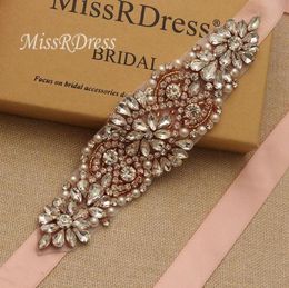 Wedding Sashes MissRDress Rhinestones Belt Pearls Stain Bridal Rose Gold Crystal Sash For Evening Gown JK8496706310