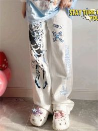 Pants QWEEK Y2K Anime Print White Pants Women Harajuku Manga Subculture Wide Leg Trousers Japanese Style Kawaii Cartoon Sweatpants