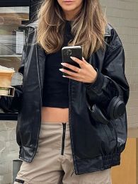 Jackets Vintage Tan Faux Leather Motorcycle Jacket Black PU Coat Casual Solid Color Long Sleeve Zipper Cardigan Outwear Streetwear