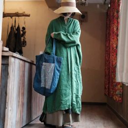 Dress Johnature Women Vintage Linen Green Dress Stand Long Sleeve Button Solid Colour Autumn Robes 2023 New Loose Chinese Style Dress