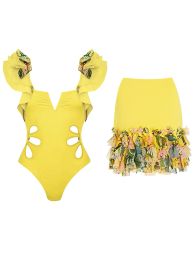 Cover-up Fashion Yellow Solid Colour Women's Onepiece Swimsuit Lace Pleated Waist Hollowed Out Youth Vacation Bikini And Tassel Covering