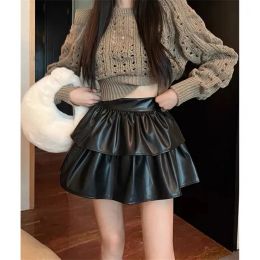 skirt Party Pu Leather Skirts Women Black White Spring Autumn 2023 New HighWaisted Peplum Sexy Fashion Cake Skirt Female Clothing