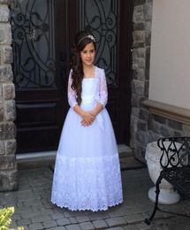 Flower Girls Dresses For Weddings Stunning 34 Sleeves Appliques Lace Tulle Junior Floor Length First Communion Dresses9332663