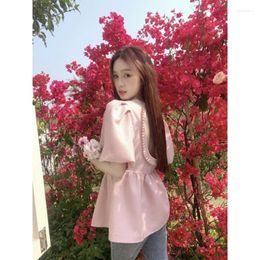 Women's Blouses Women Pink Mushroom Edge Shirt Spring 2024 Sweet Bubble Sleeve Waist Wrap Top Solid Colour Female Clothing