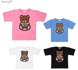 T-shirts Kids Bear T-shirts Short Sleeve Tees Tops Boys Girls Children Letter Embroidery Pattern T-shirts Pullover 100-140cm White Pink Blue Black Color Age 1-12T 240306