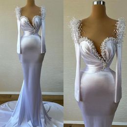 Satin Weiche Meerjungfrau Brautkleider Perlen Perlen Robe De Soiree Boho Brautkleider Langarm Braut Kleid