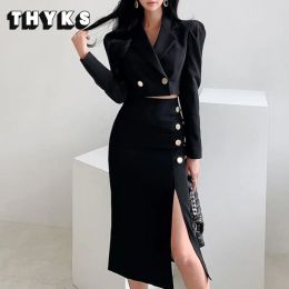 Suits Women Clothes 2 Pieces Set Cropped Blazer Mid Length Covered Hip Skirt Suit Casual Simple Office Lady Skirt Suit OL Commuting