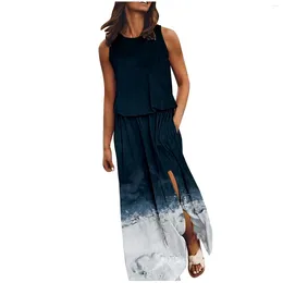 Casual Dresses Sexy Sleeveless Summer Dress For Women Fashion Gradient Side Slit Flowy Tank Ladies Loose Beach Sundress Vestidos