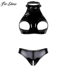 Womens Sexy Bare Chested Lingerie Set Patent Leather Underwear Suit Open Cups Bra Tops with Crotchless Briefs Nightwear Clubwear 240305