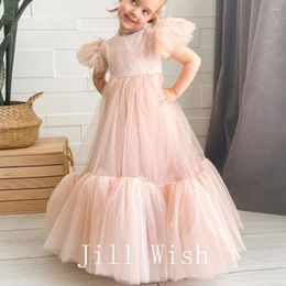Girl Dresses Jill Wish Elegant Champagne Dress Feathers Princess White Dubai Gown For Kids Wedding Communion Party Quinceanera 2024 J169