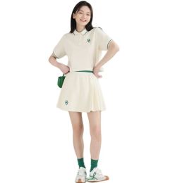 Dresses 2023 Summer Women Golf TShirt College Style Short Sleeve Polo Lapel Girl Pleated Skirt Set Inner Safe Shorts Sport Tennis wear