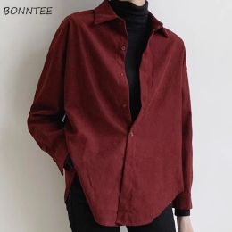 Shirt Corduroy Shirts Women Long Sleeve Burgundy Autumn Winter Vintage Basic Tops Allmatch Female Graceful Charming Chic Mature Mujer