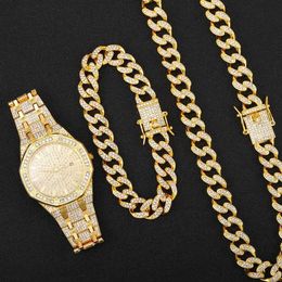 Strands Iced Out Watch for Men Women Hip Hop Rapper Miami Cuban Chain Gold Necklace Paved Rhinestones Bling Set Jewellery Choker 13mm 230613
